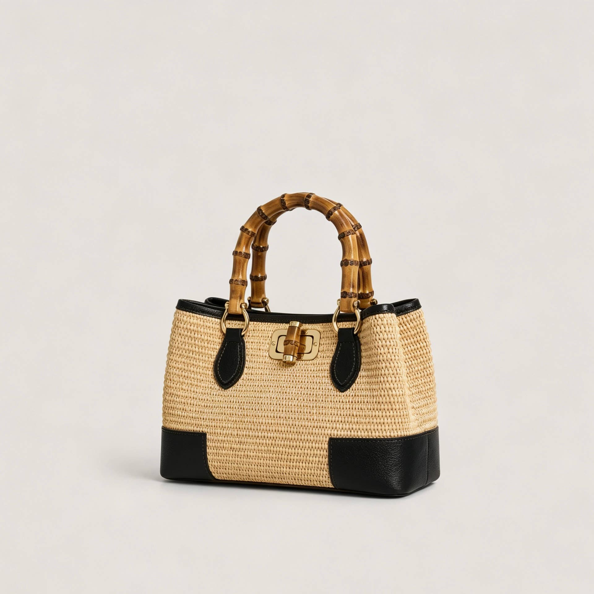 Small Bamboo Bag – Genuine Leather and Vienna Raffia Nero