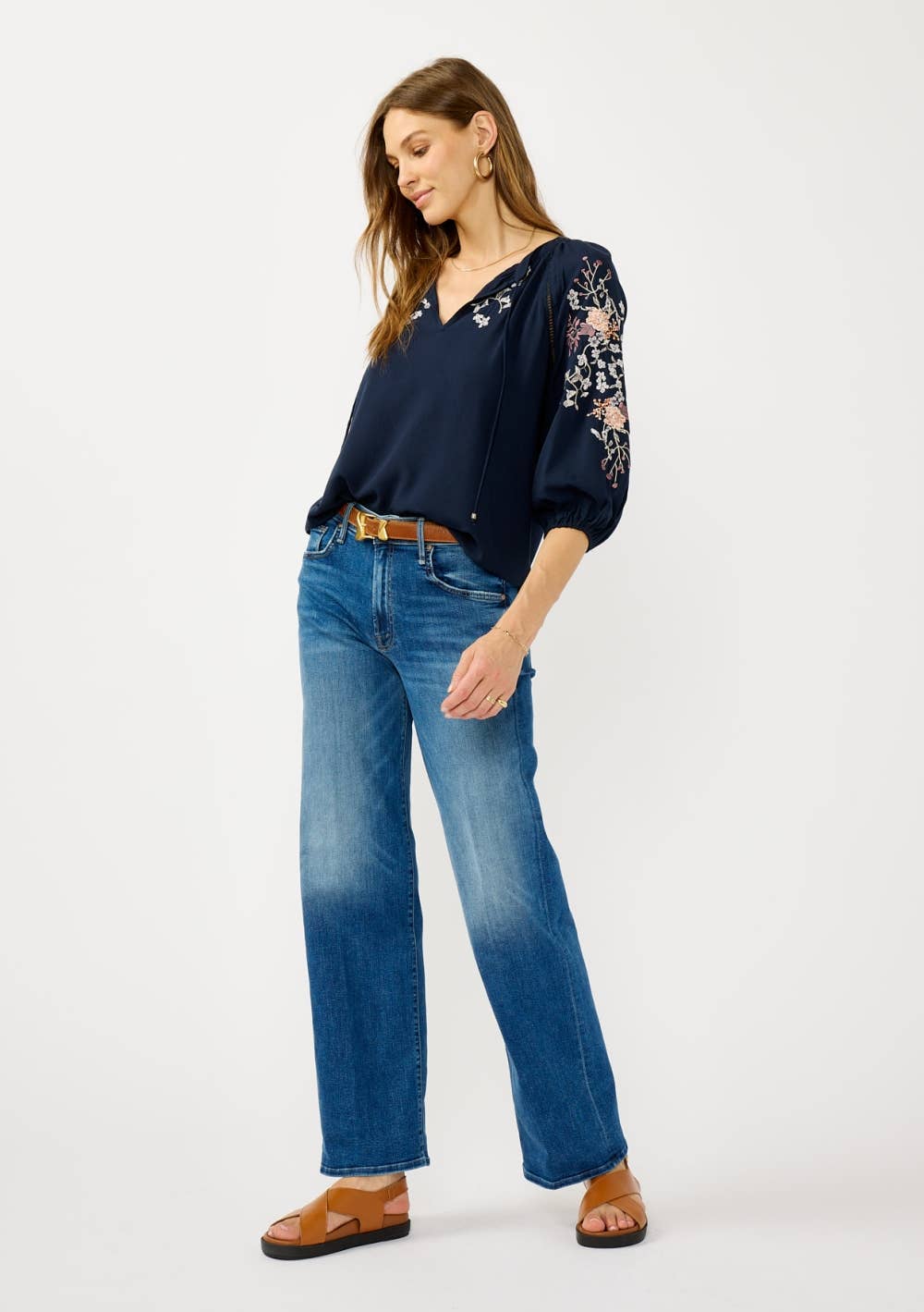 Floral Embroidered Split Neck Blouse
