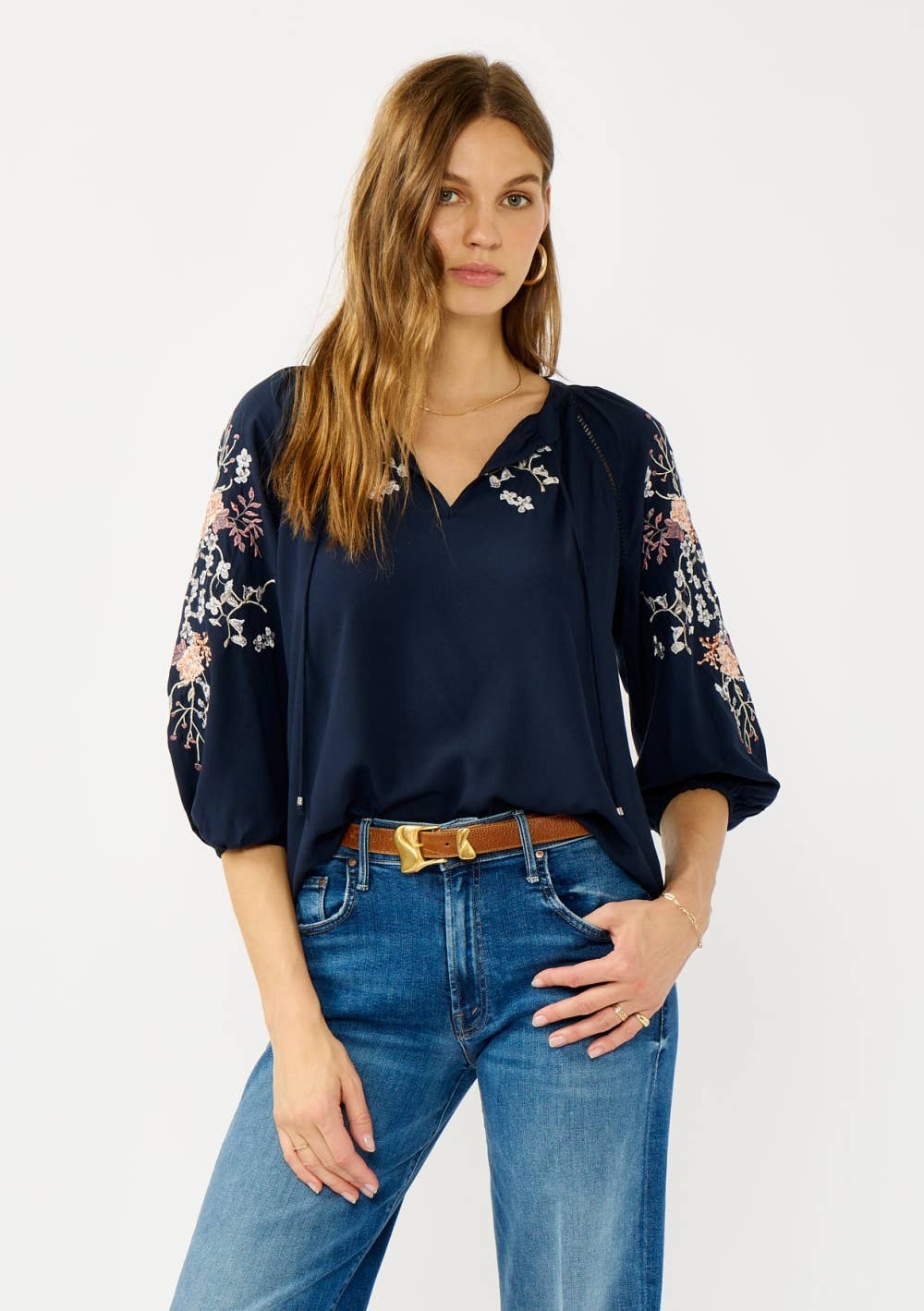 Floral Embroidered Split Neck Blouse