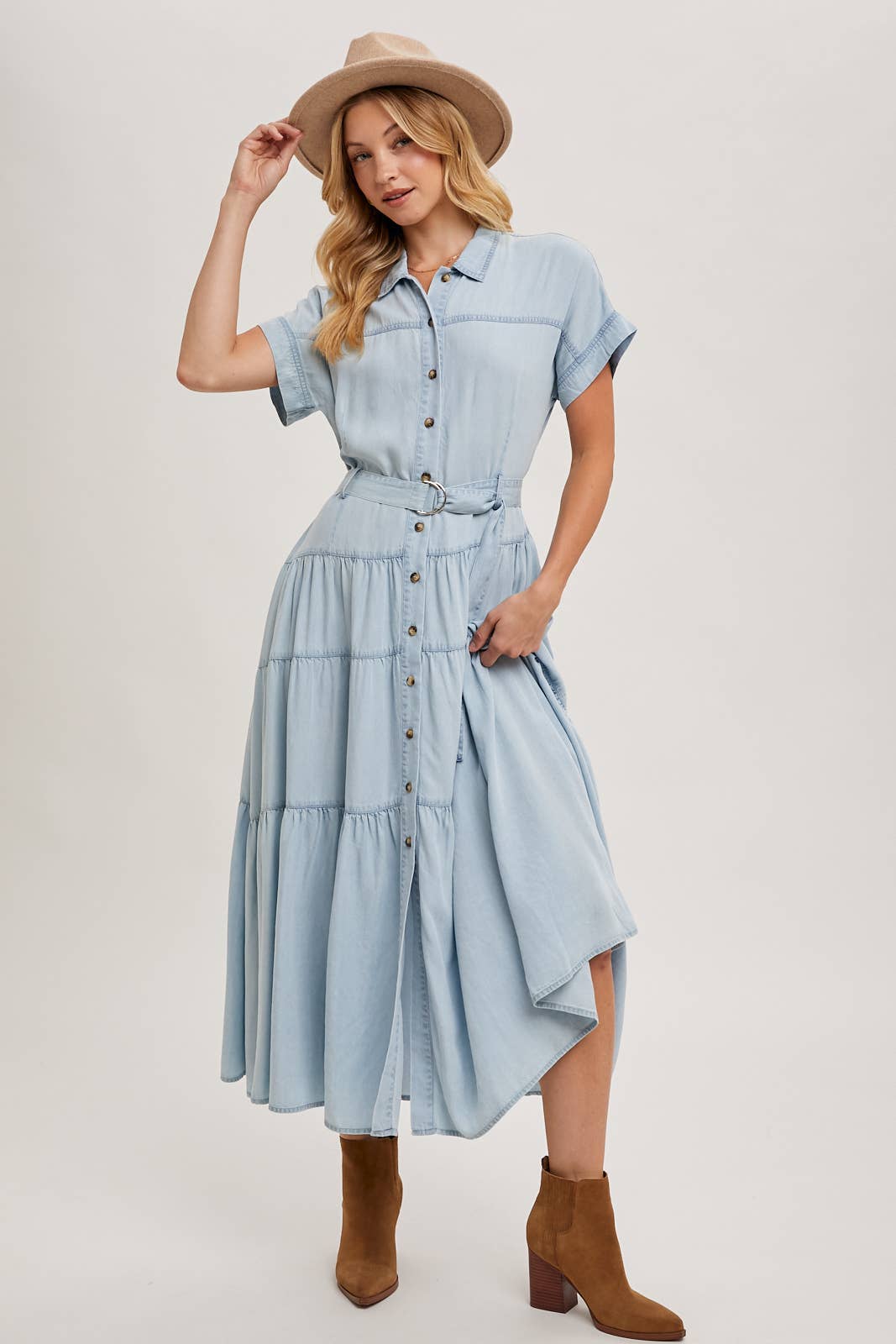 Button Front Short Sleeved Tiered Maxi Dress