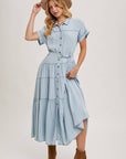 Button Front Short Sleeved Tiered Maxi Dress