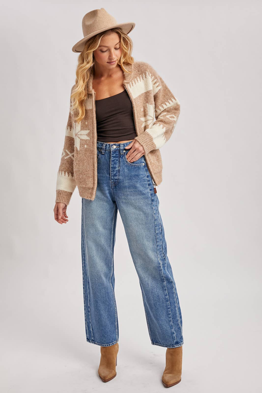 FAIR ISLE FUZZY KNIT FRONT ZIPPER CARDIGAN