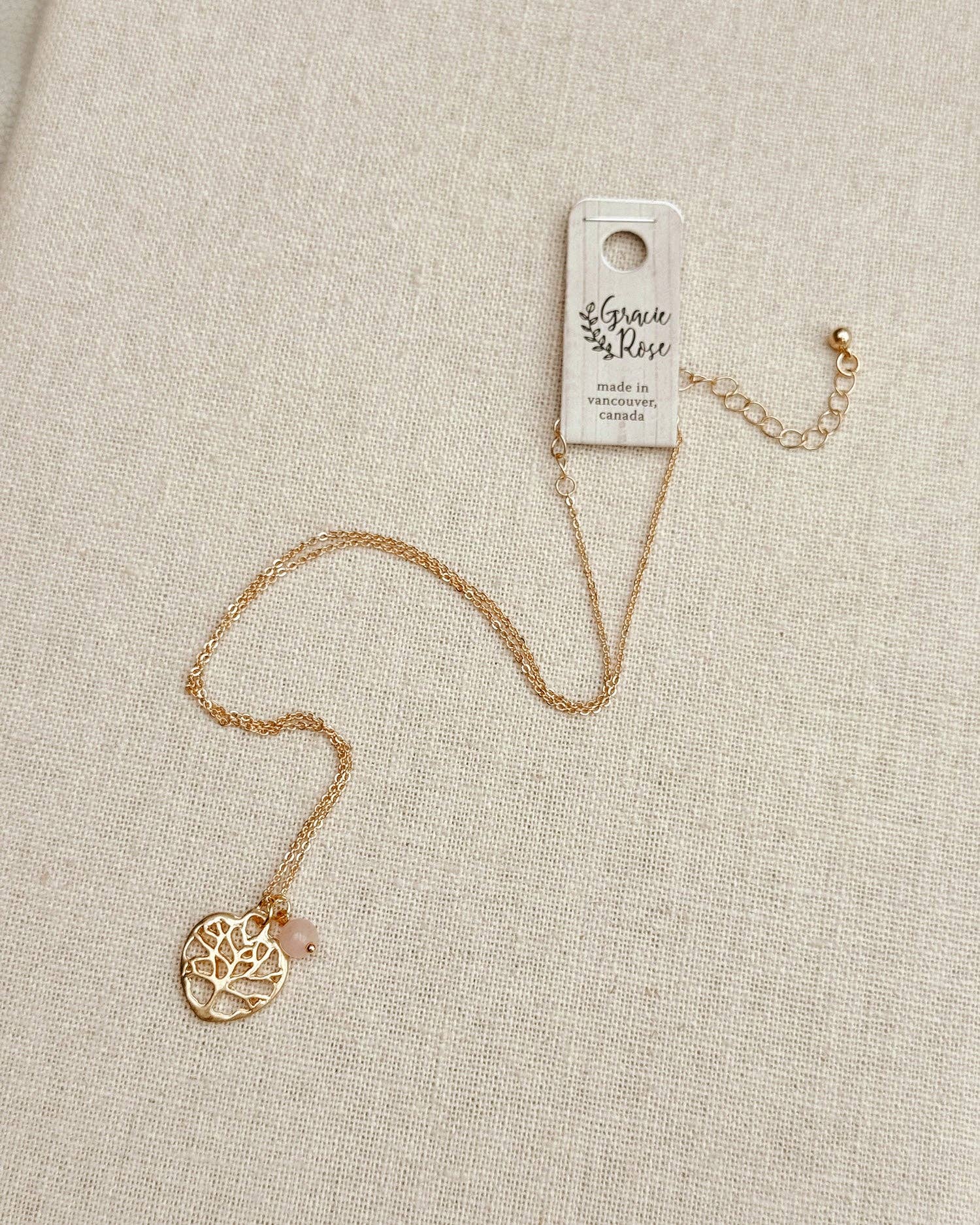 Rose Quartz Tree of Life Heart Charm Necklace