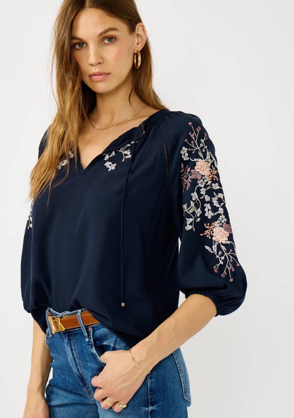 Floral Embroidered Split Neck Blouse