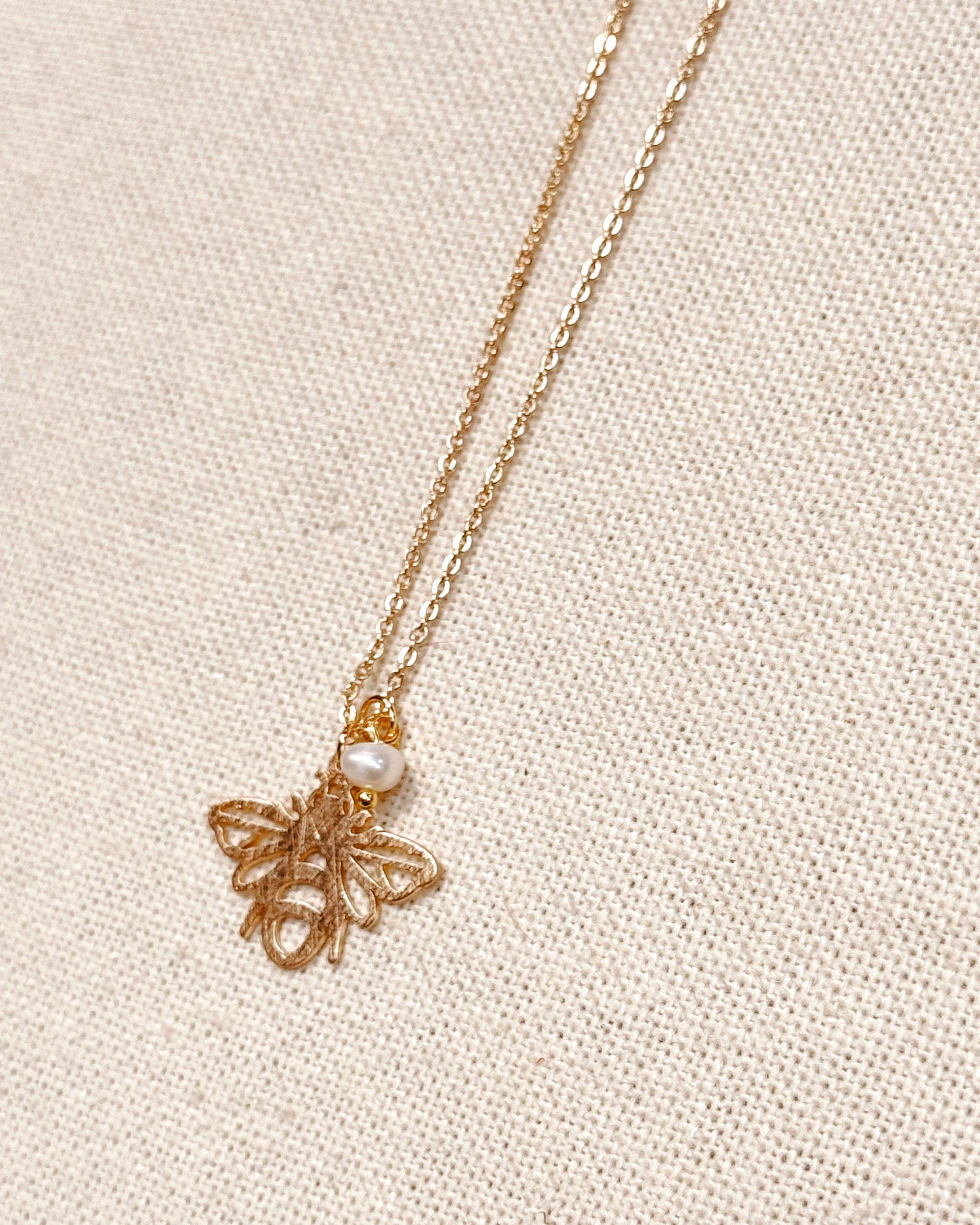 Textured Brass Bee Gold Charm Necklace