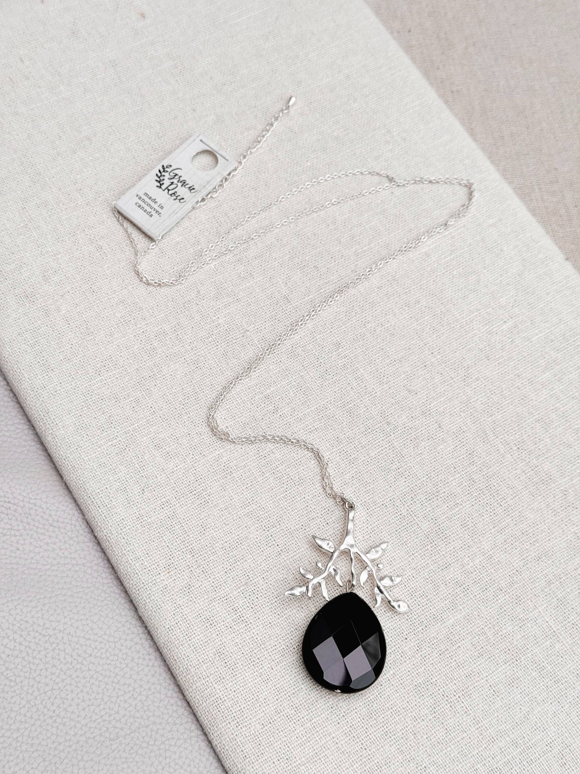 Matte Silver Branch Black Agate Teardrop Pendant Necklace