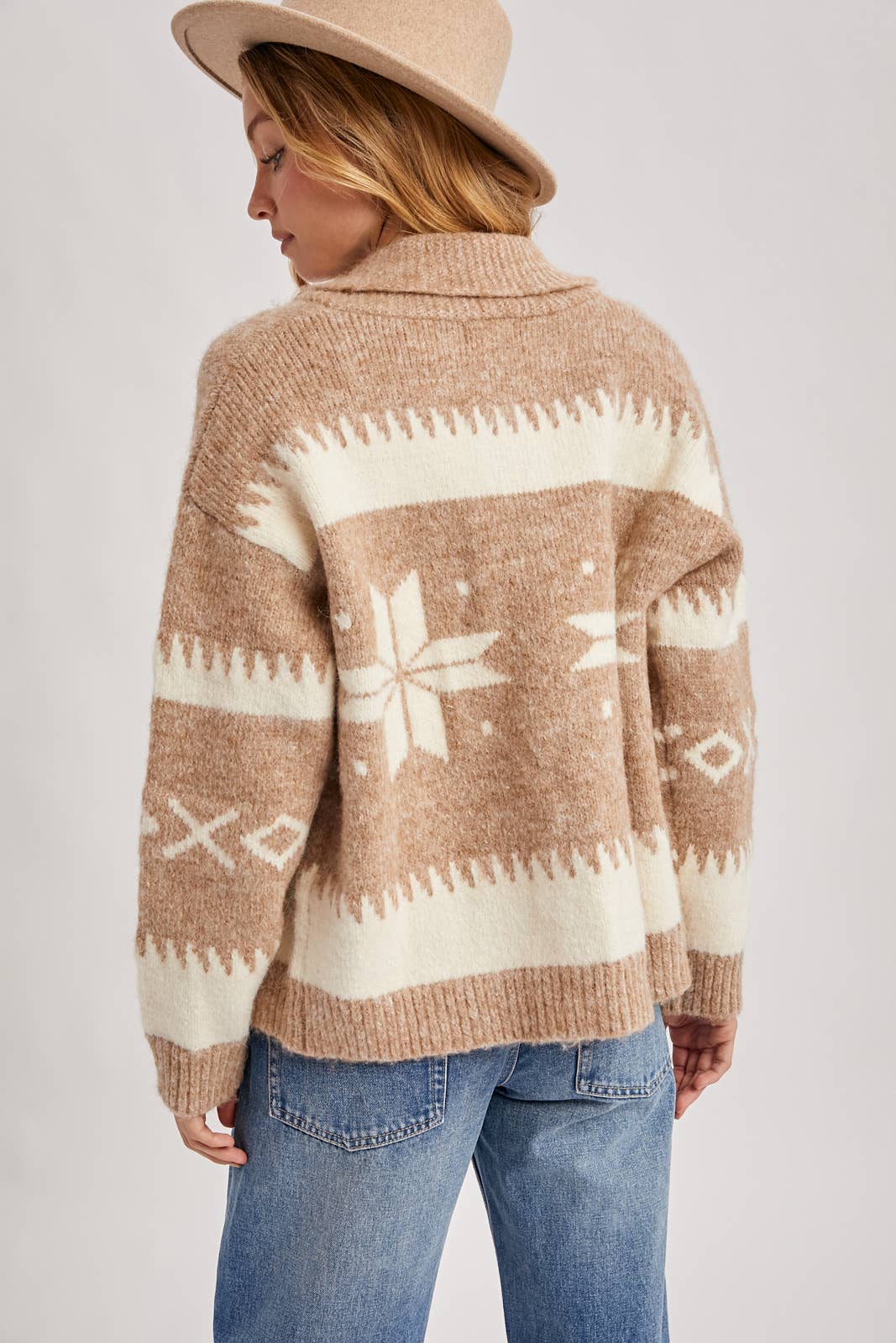 FAIR ISLE FUZZY KNIT FRONT ZIPPER CARDIGAN