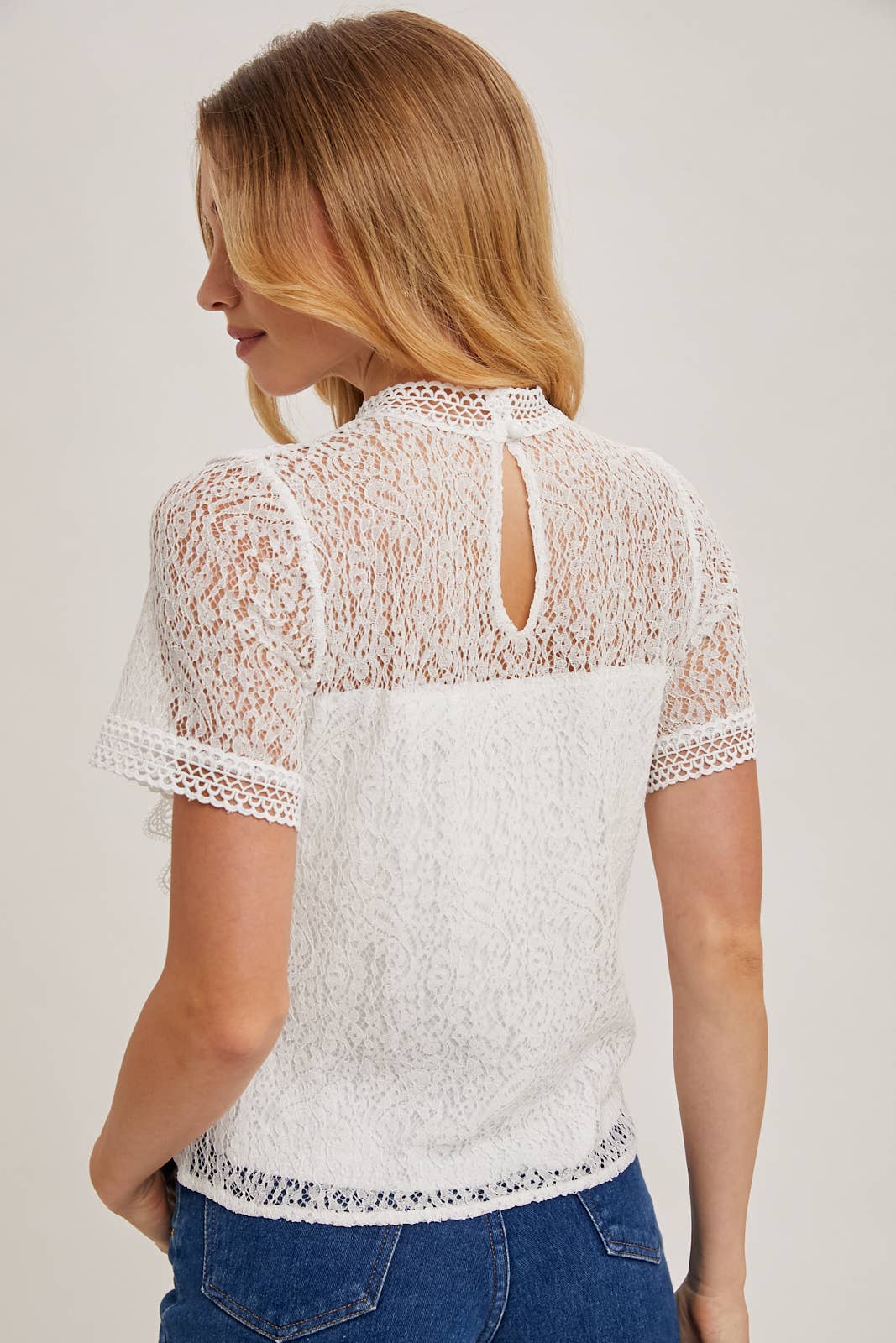 Mock Neck Button Back Lace Top With Lining