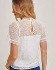 Mock Neck Button Back Lace Top With Lining