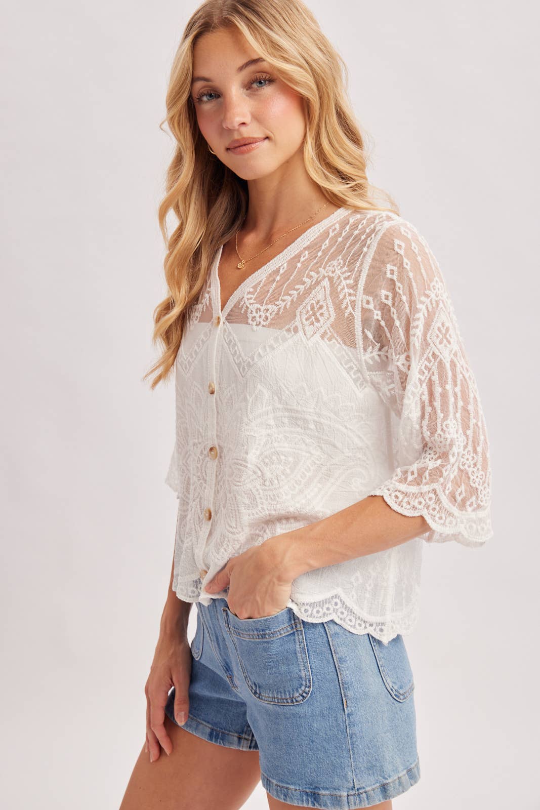 Sheer Embroidered Mesh Button Down Hem Blouse