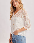 Sheer Embroidered Mesh Button Down Hem Blouse