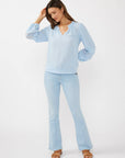 V-Neck Cotton Gauze Blouse with Lace Trim