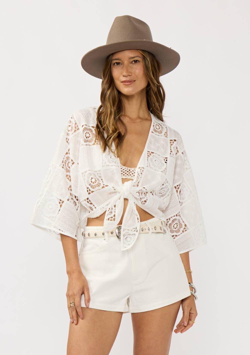Dolman Sleeve Patchwork Tie Front Top