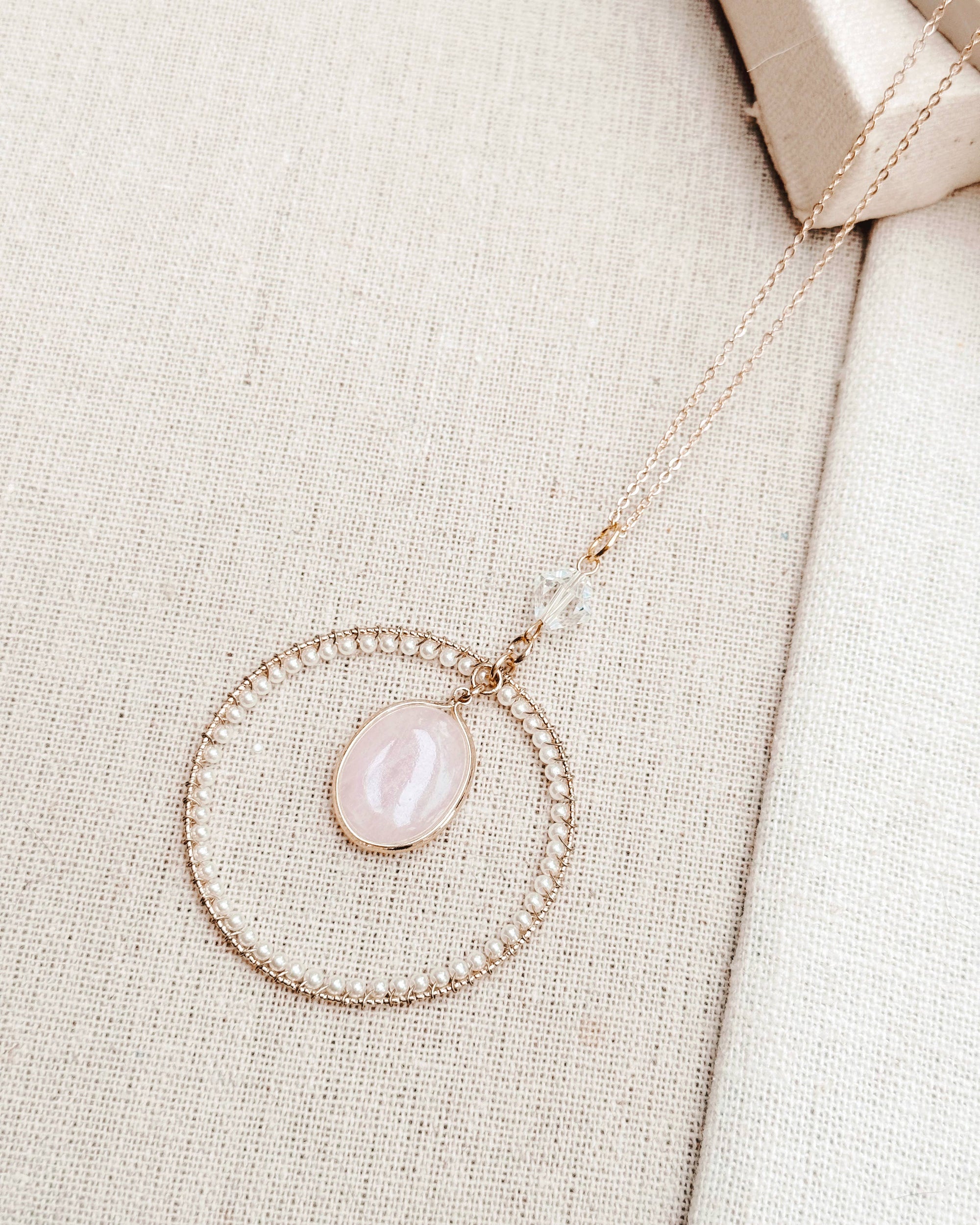 Romantic Matte Gold Rose Quartz Pearl Hoop Pendant Necklace