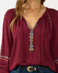 Embroidered Raglan Split Neck Blouse