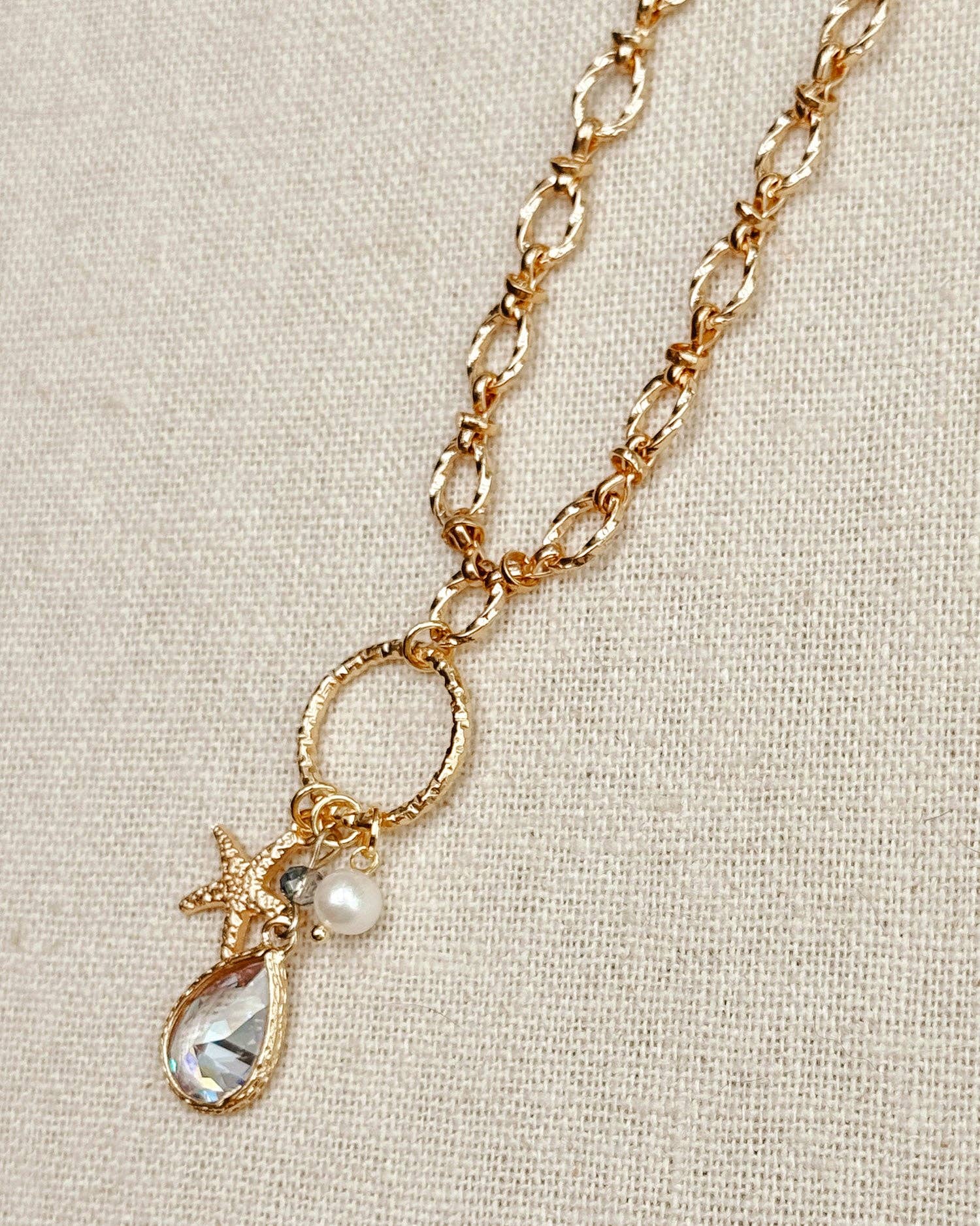 Cubic Zirconia Starfish &amp; Pearl Charm Gold Necklace