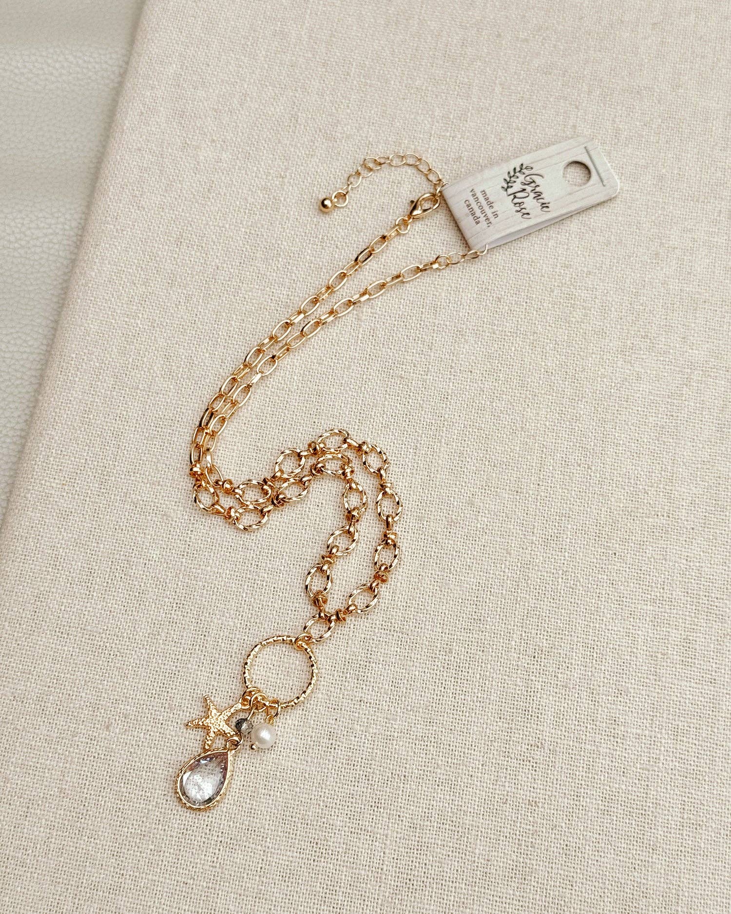 Cubic Zirconia Starfish &amp; Pearl Charm Gold Necklace