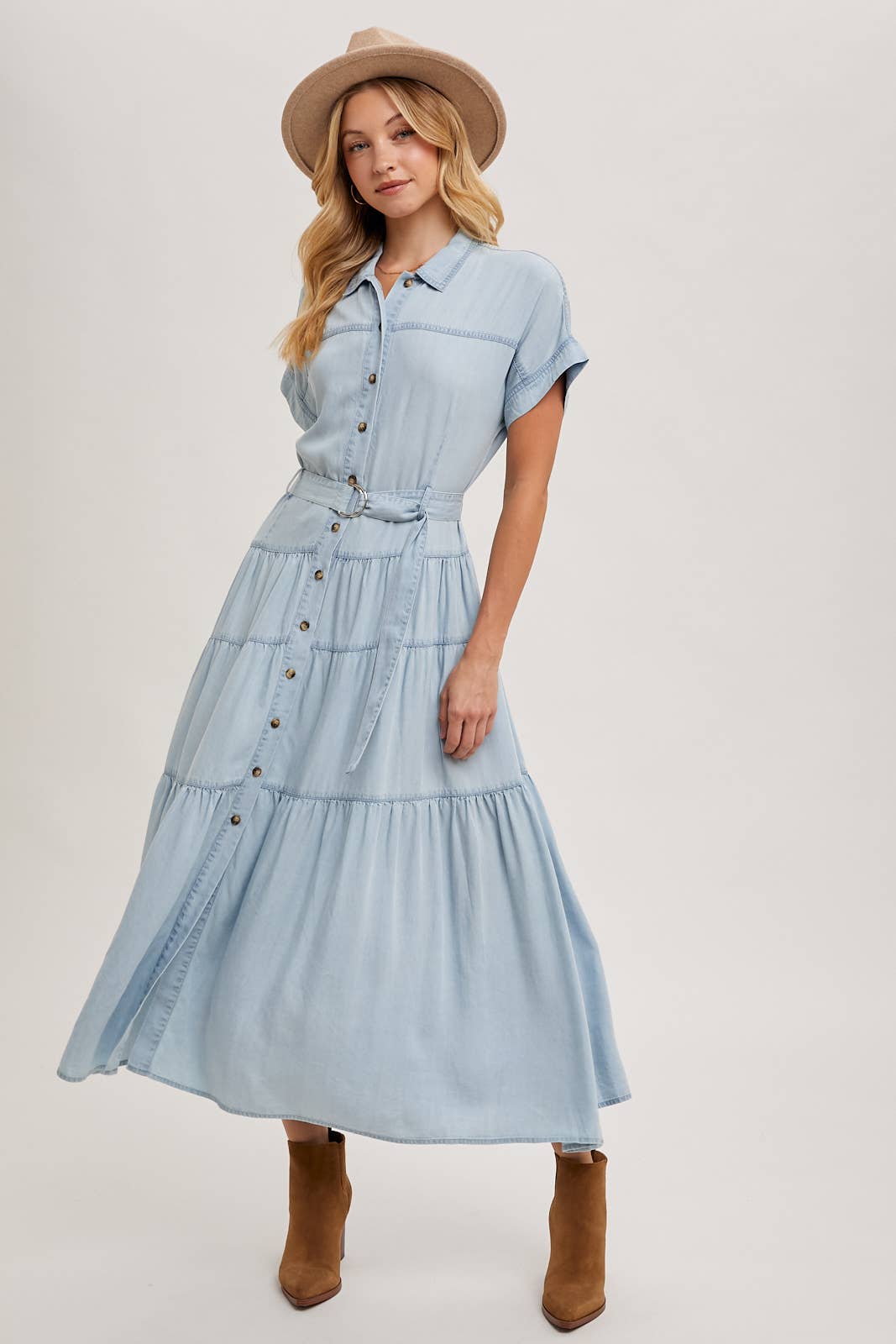 Button Front Short Sleeved Tiered Maxi Dress