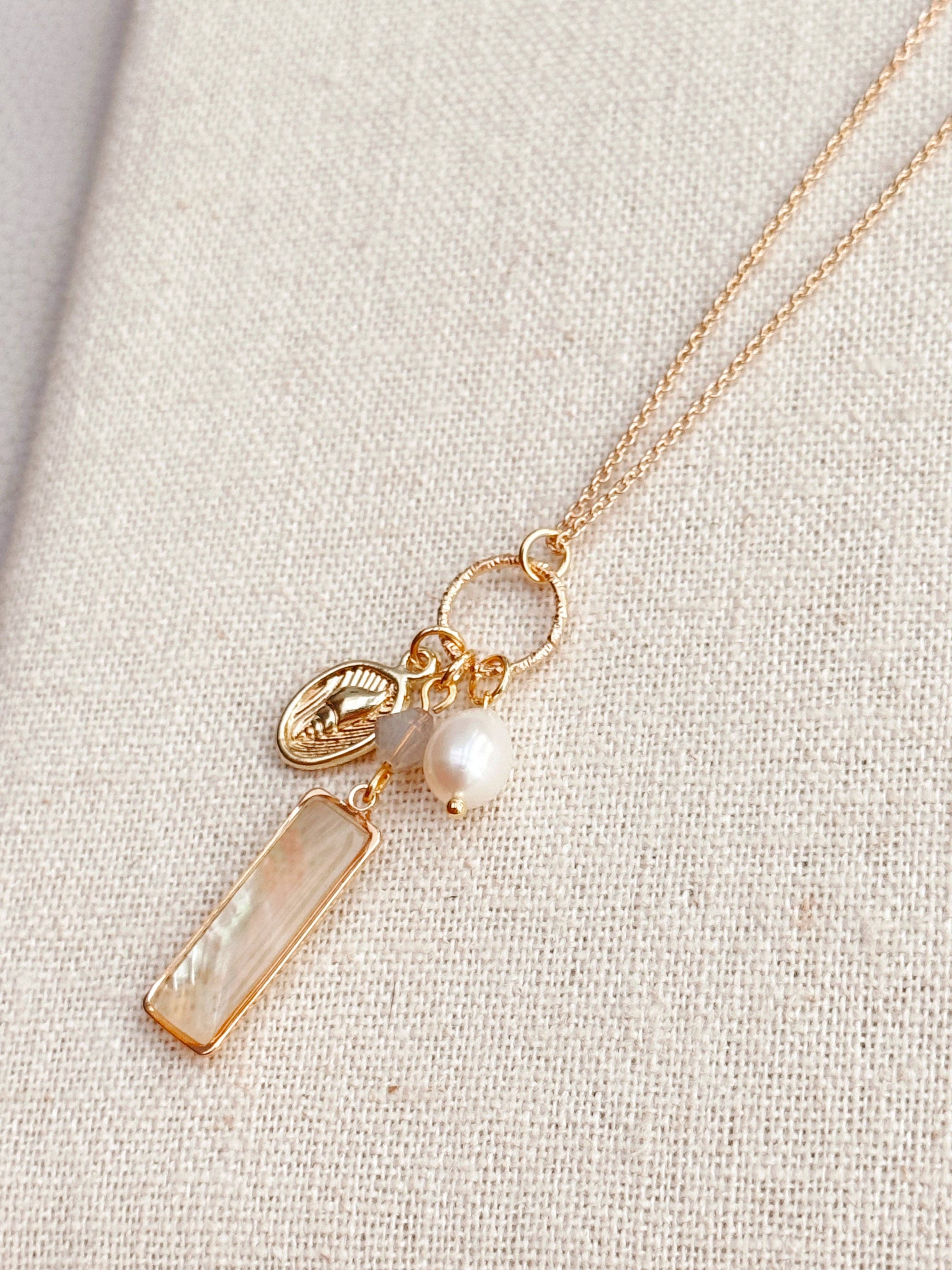Gold Mother of Pearl Bar Pendant Necklace