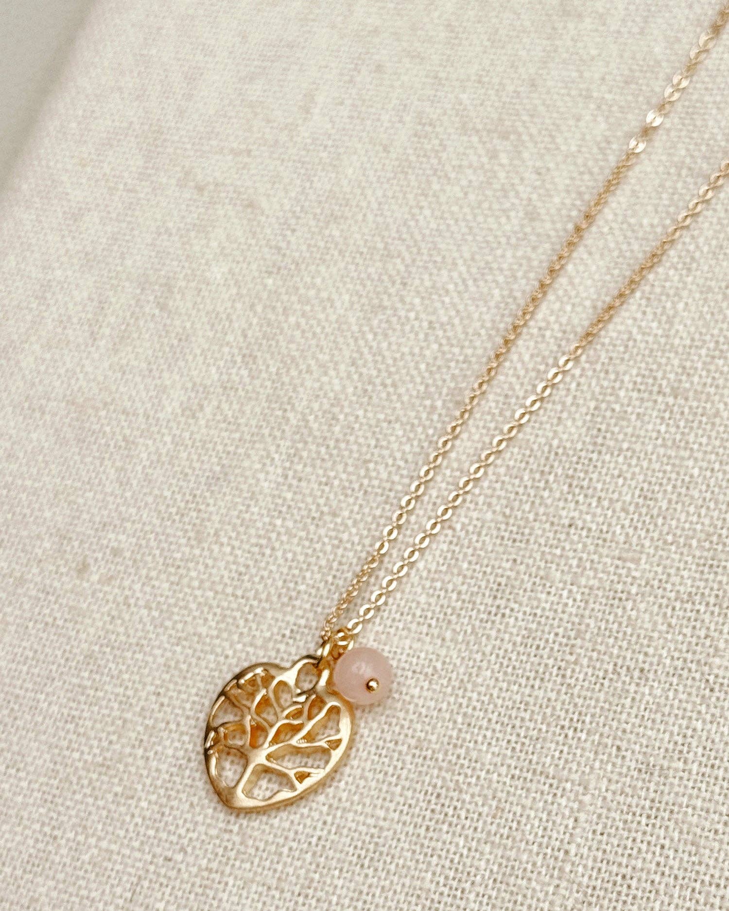 Rose Quartz Tree of Life Heart Charm Necklace