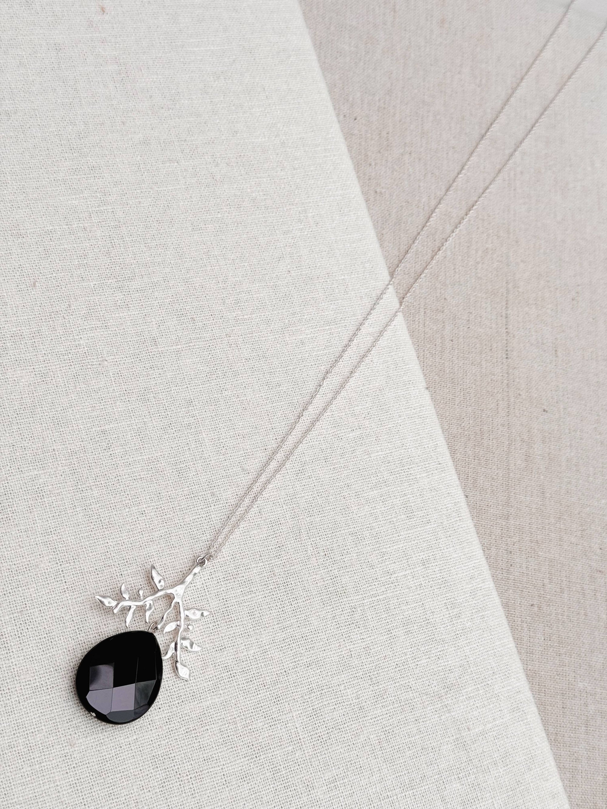 Matte Silver Branch Black Agate Teardrop Pendant Necklace