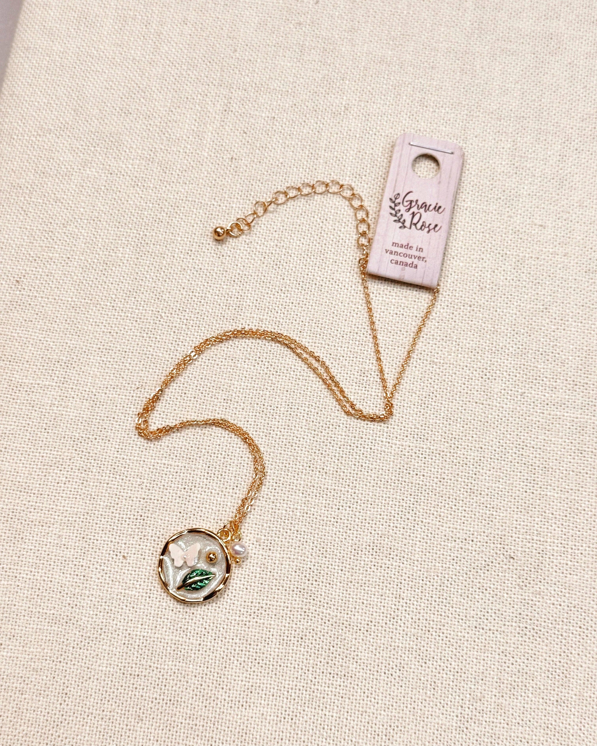 Enamel Butterfly Floral Pendant Gold Necklace