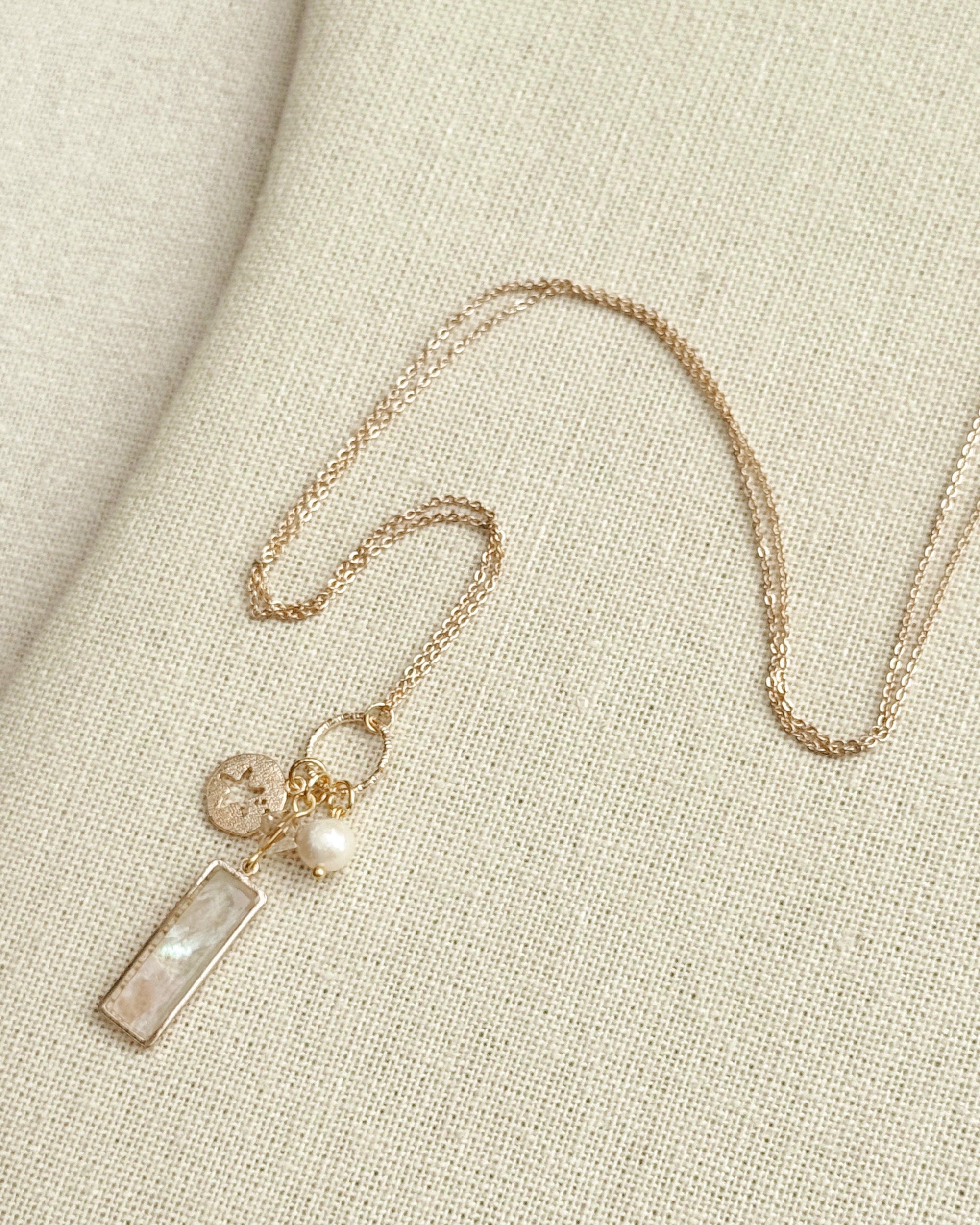 Gold Mother of Pearl Bar Pendant Necklace