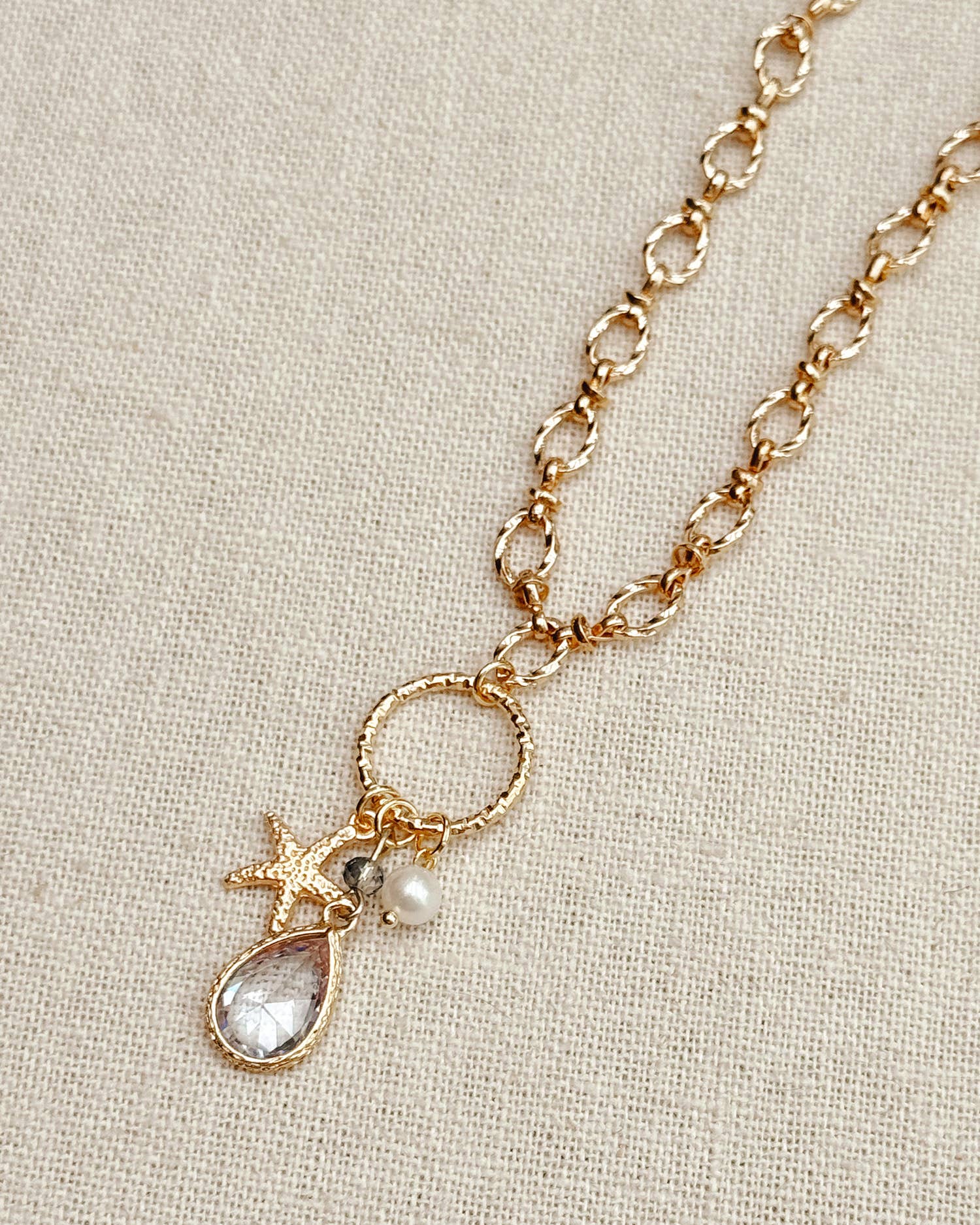 Cubic Zirconia Starfish &amp; Pearl Charm Gold Necklace