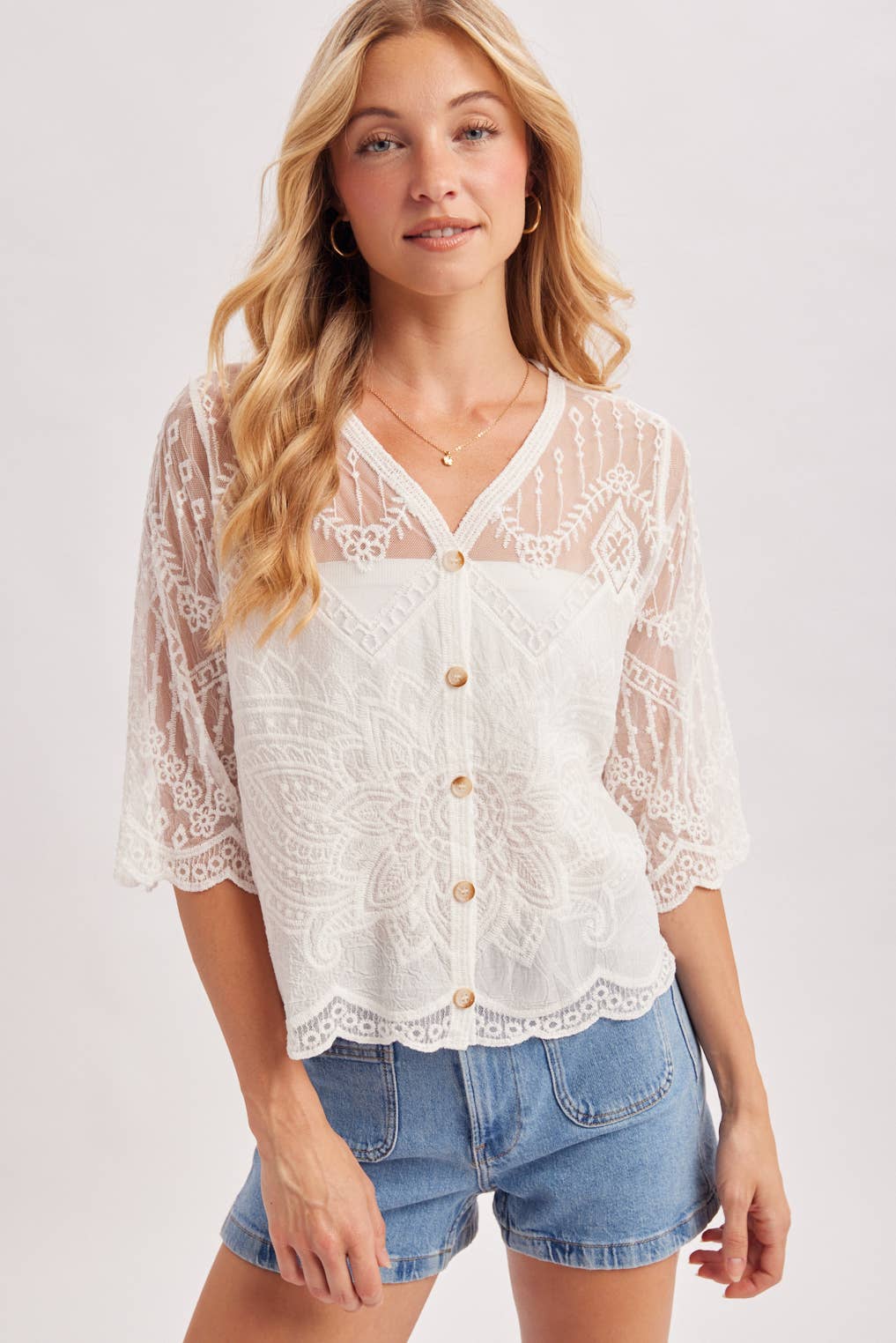 Sheer Embroidered Mesh Button Down Hem Blouse