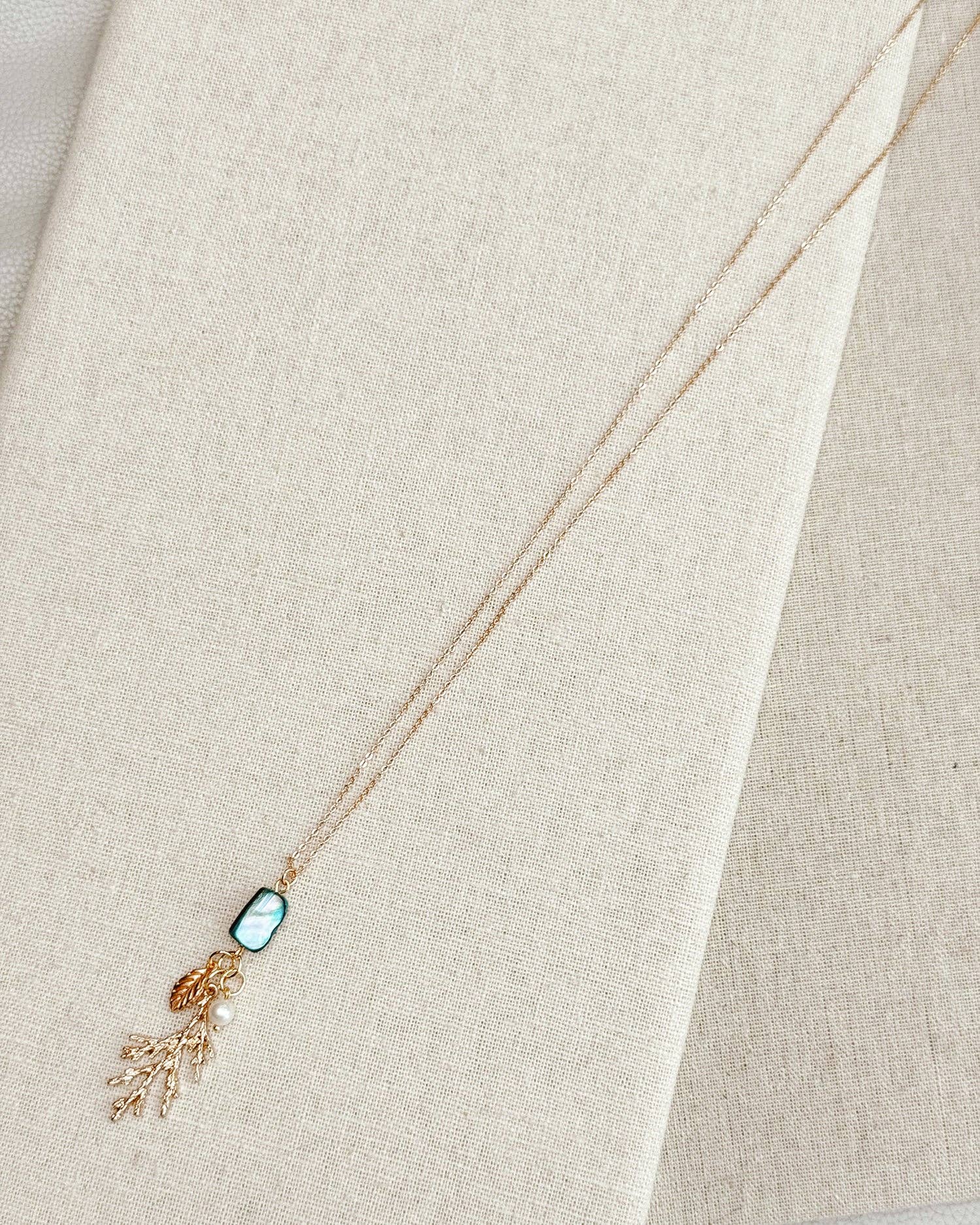 Teal Shell Leaf Branch Pearl Necklace