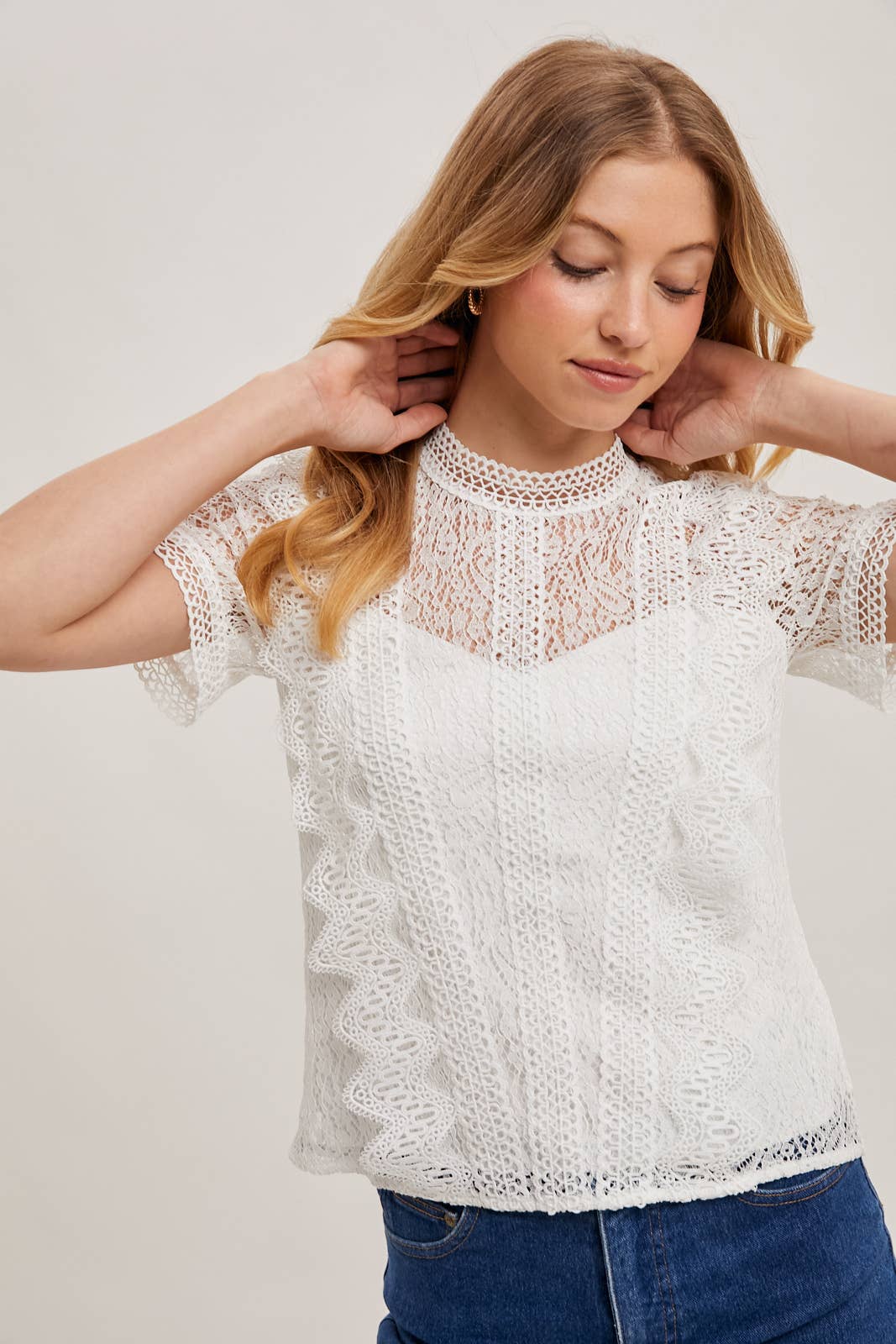 Mock Neck Button Back Lace Top With Lining