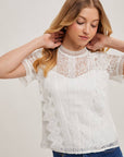 Mock Neck Button Back Lace Top With Lining