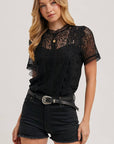 Mock Neck Button Back Lace Top With Lining