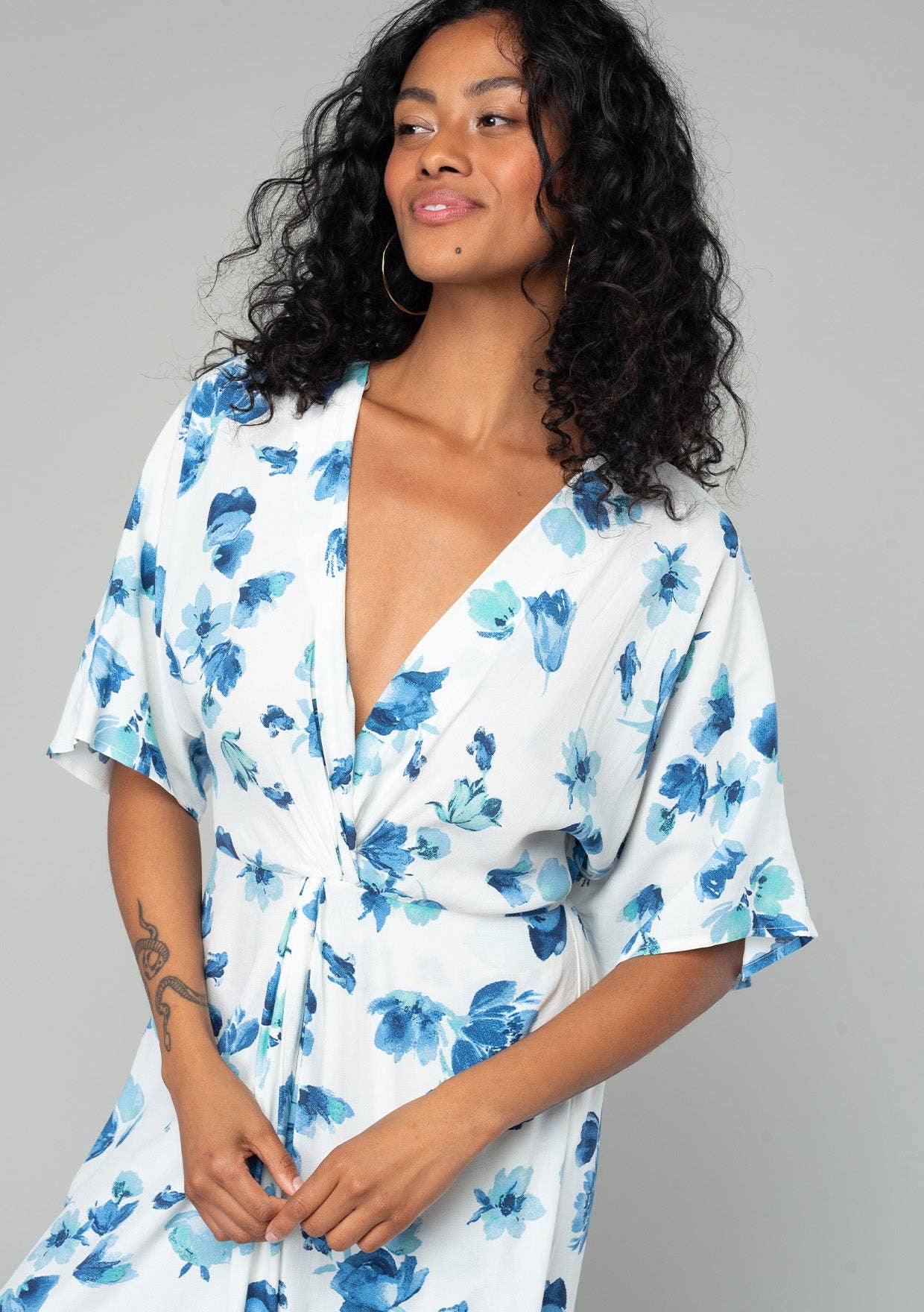 Floral Front Knot Kimono Sleeve Midi Dress