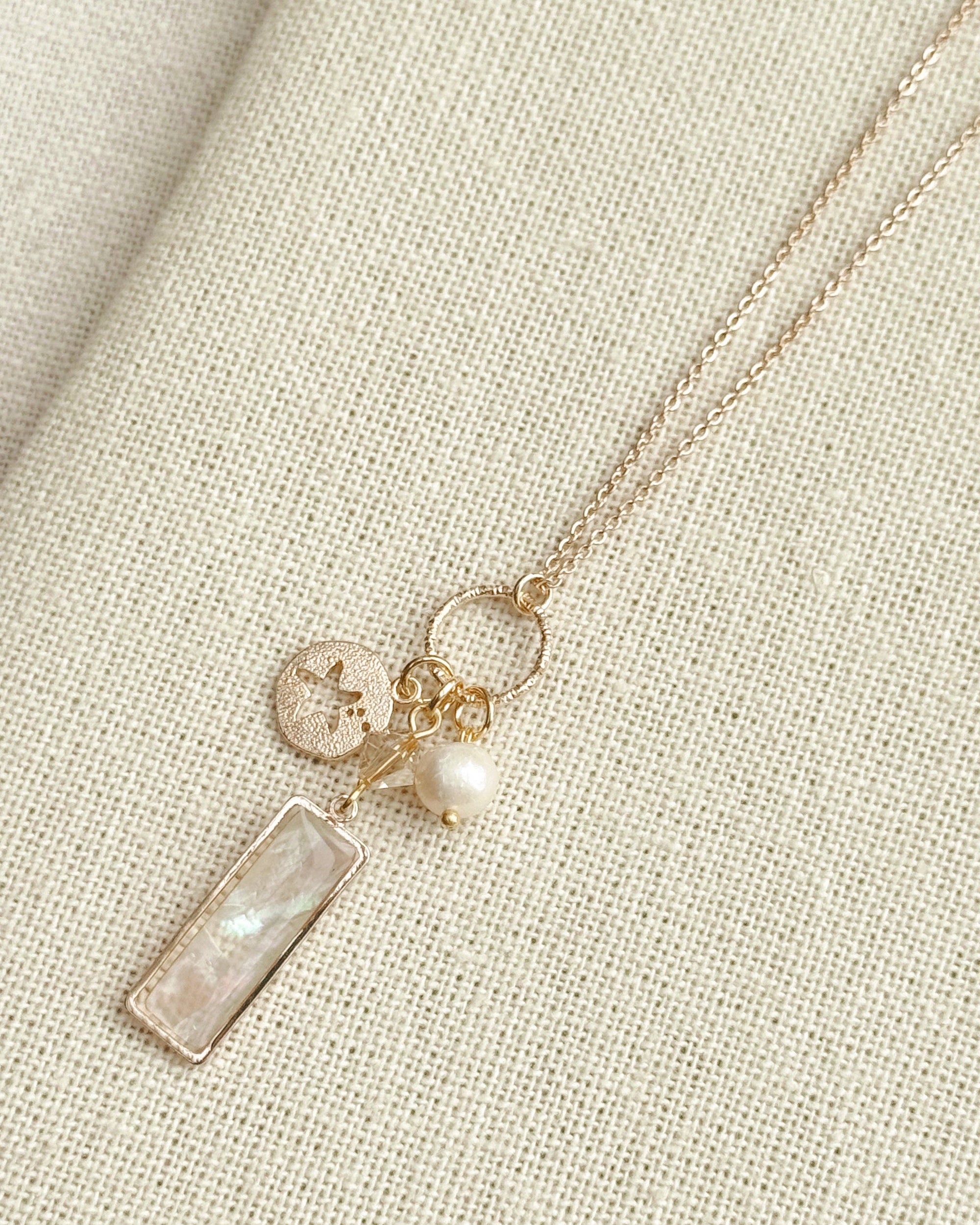 Gold Mother of Pearl Bar Pendant Necklace