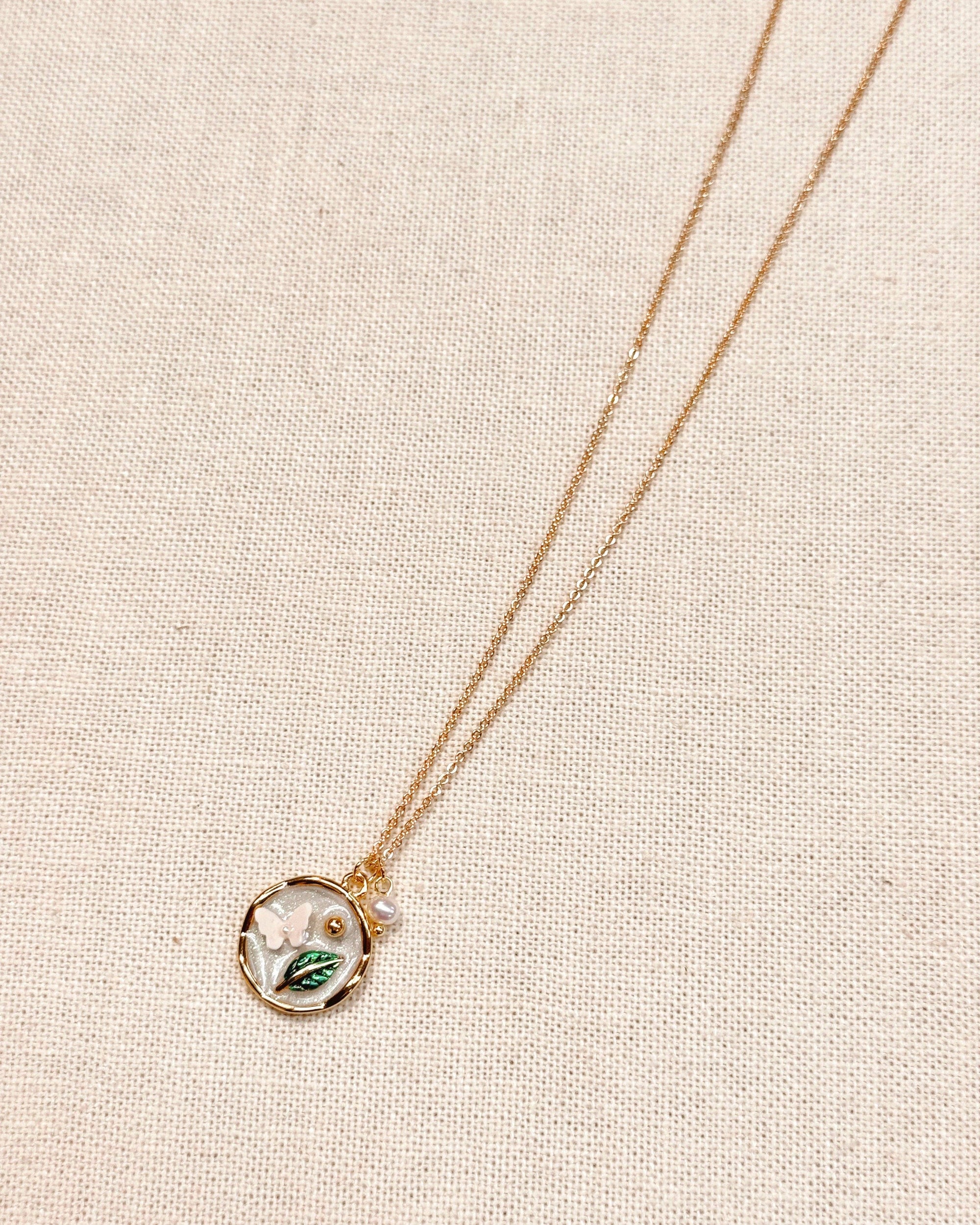 Enamel Butterfly Floral Pendant Gold Necklace