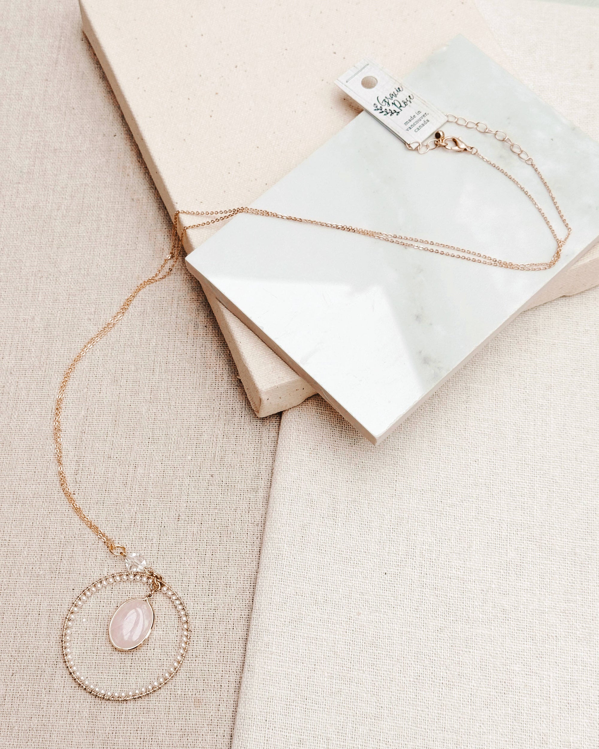 Romantic Matte Gold Rose Quartz Pearl Hoop Pendant Necklace