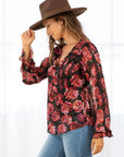 Rose Floral Print Clip Dot Long Sleeve Blouse
