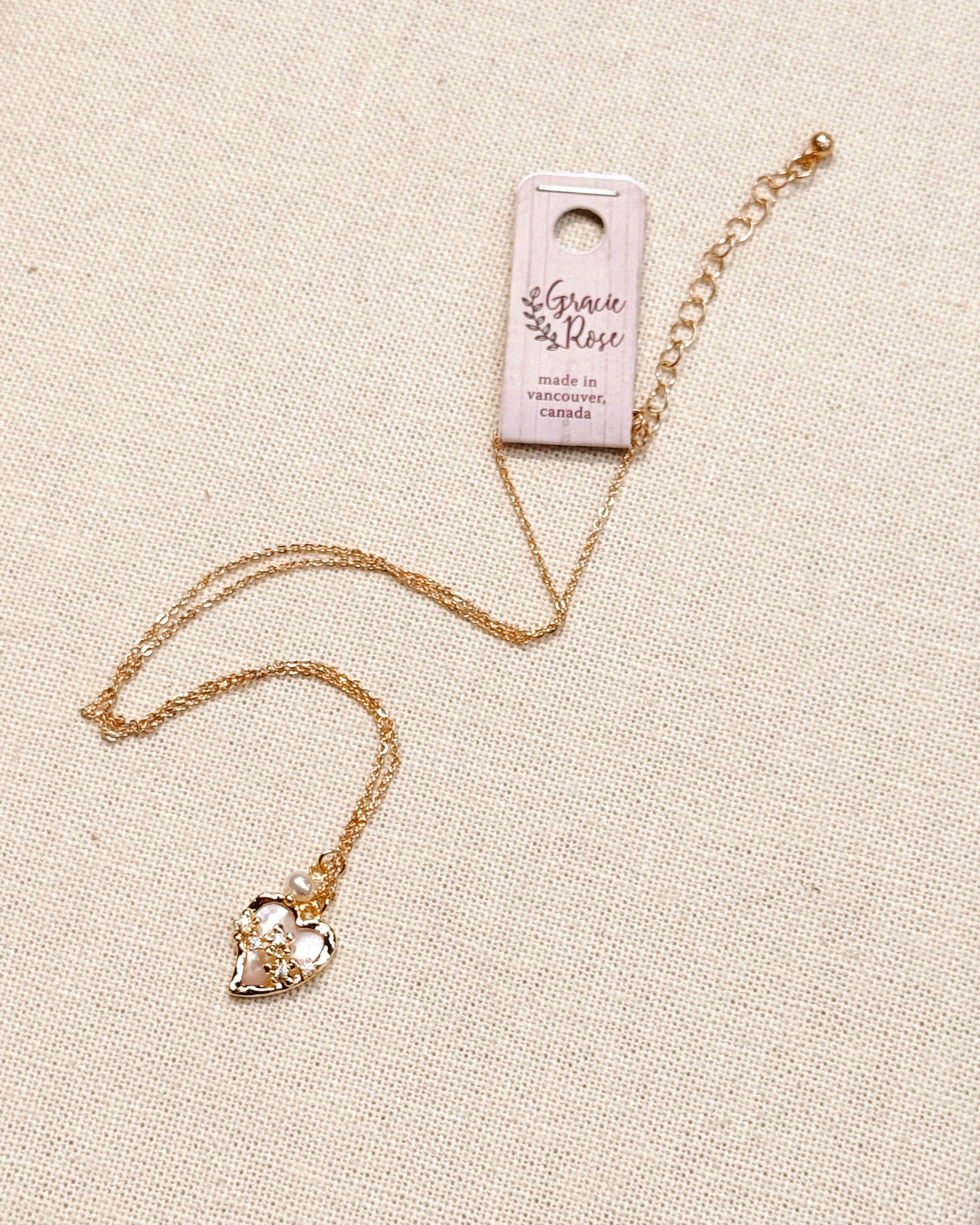 CZ Shell Heart Charm Necklace with Pearl
