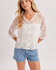 Sheer Embroidered Mesh Button Down Hem Blouse