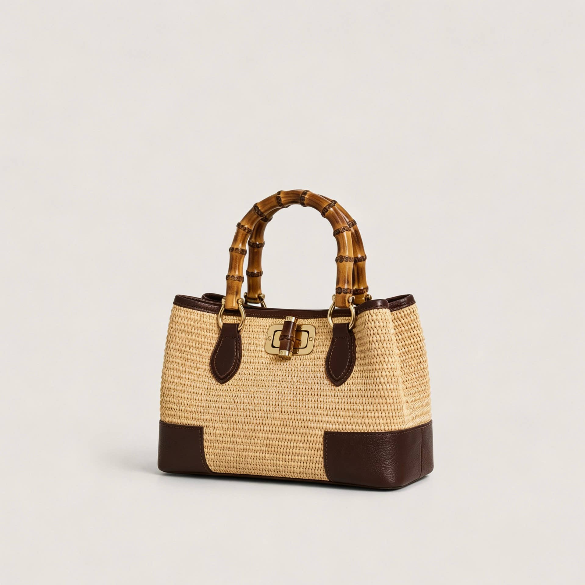 Small Bamboo Bag – Genuine Leather and Vienna Raffia Nero