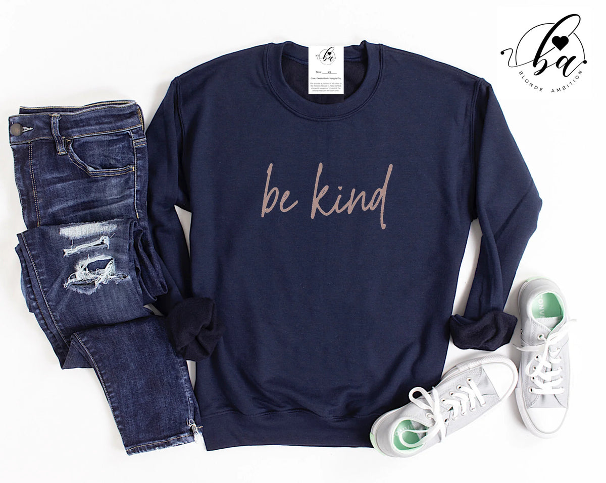 Be Kind Script Crew Neck Sweater Navy w/ White Font